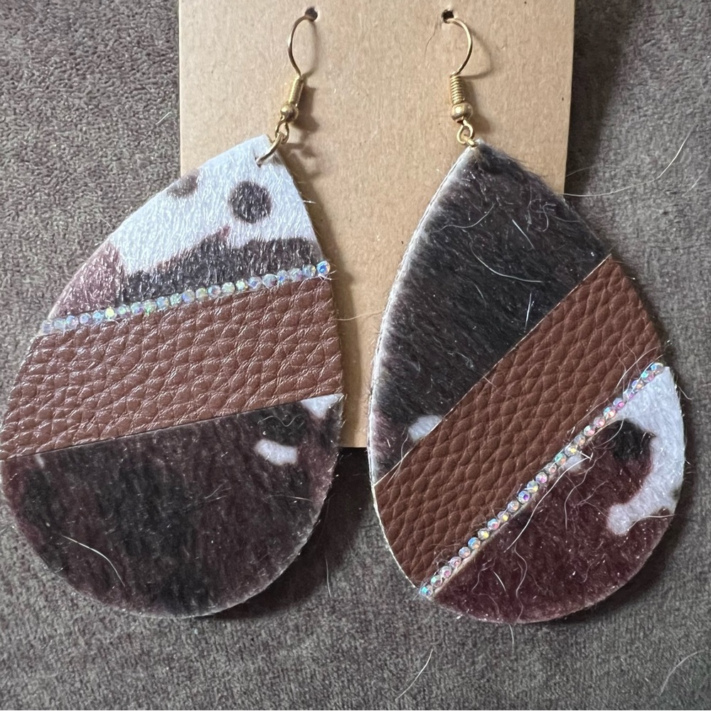 Hair On Hide Faux Leather Jeweled Teardrop Dangle Drop Earrings - Picture 3 of 10